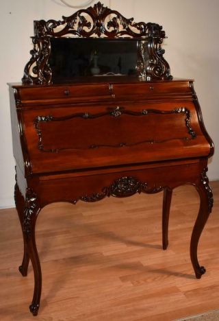 1860s Antique French Victorian Carved Mahogany Satinwood Lady 