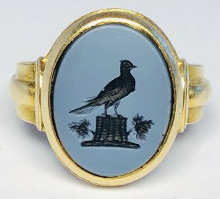 Antique 19th Century 14k Gold Bird On Amish Hat Agate Intaglio Ring Size 7.  25