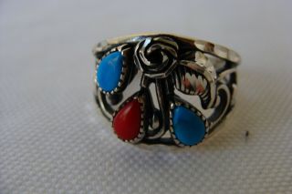 Vintage Navajo Sterling Silver Turquoise And Coral Signed Ring Size 