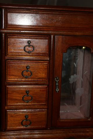 Vtg Wood Jewelry Box Armoire Glass Door 4 Drawer Necklace Hanger top opens 3