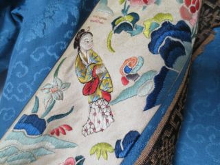 Antique Chinese Blue Silk Embroidered Elders Flowers Insects Kimono Jacket 2