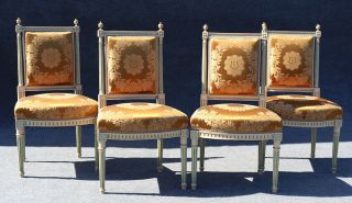 Outstanding Rare Set 4 Signed Maison Jansen Painted Silk Side Dining Chairs