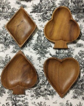 Vintage Monkey Pod Carved Wooden Nut/snack Bowls Diamond Heart Spade Club