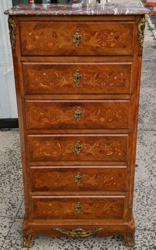 Antique 19th C Louis Xv French Inlaid & Bronze Marble Top Lingerie Dresser Chest