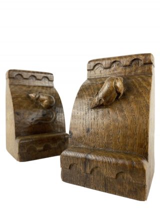 A Robert “mouseman” Thompson Carved Oak Bookends Very Rare