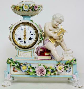 Rare Antique French Hard Paste Meissen Porcelain 8 Day Mantle Clock