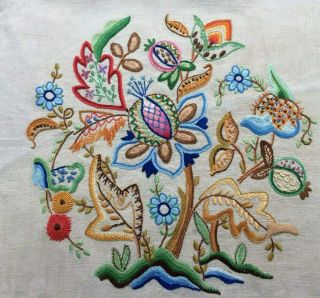 Vintage Hand Embroidered Vibrant Floral Picture Panel/ Cushion Cover 17 " X 16 "