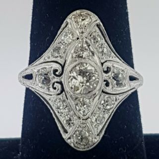 Antique Art Deco 1.  60ctw Old Mine Diamonds Platinum Filigree Cocktail Ring 1920