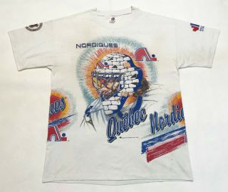 Vintage Bulletin Athletic 1994 Nhl Quebec Nordiques T - Shirt All Over Print Tee L