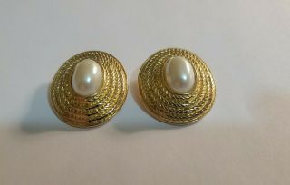 Vintage Givenchy Gold Tone Pearl Round Clip Earrings