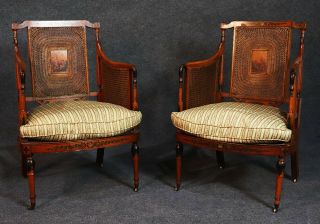Rare Pair Cane Back Paint Decorated English Adams Club Parlor Chairs C1890s