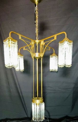 Antique Glass Chandelier Large Brass Arts And Crafts Lighting Art Deco 1920s