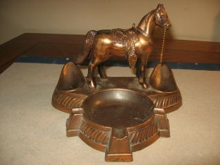 Vintage Tobacco Pipe Holder & Ashtray Desk Accessory With Horse Cast Metal