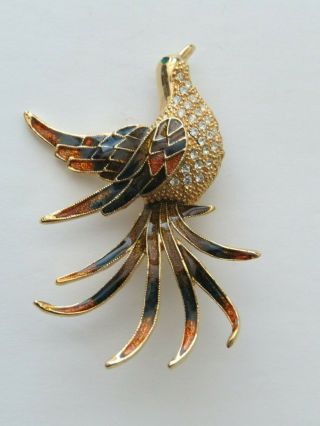Vtg Fashion Gold Tone Brown Green Enamel Crystal " Bird Of Paradise Brooch Pin 40