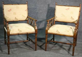 French Regency Style Faux Bamboo Walnut Armchairs Dining Chairs