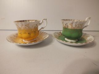 2 Vintage Royal Albert Porcelain Tea Cup & Saucer Yellow & Green Bone China 4396