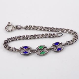 Vintage Sterling Silver Blue Green Enamel Chain Link Bracelet 6.  5 " Lfb3