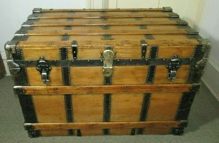 Antique Steamer Trunk X - Large Henry Likly Victorian Flat Top Chest W/key C1890