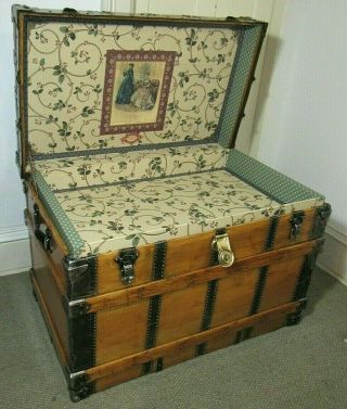 ANTIQUE STEAMER TRUNK X - LARGE HENRY LIKLY VICTORIAN FLAT TOP CHEST W/KEY C1890 2