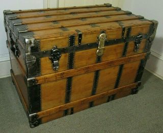 ANTIQUE STEAMER TRUNK X - LARGE HENRY LIKLY VICTORIAN FLAT TOP CHEST W/KEY C1890 3
