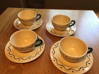 Vtg Metlox Poppytrail Green Rooster 4 Cups & 4 Saucers Provincial California