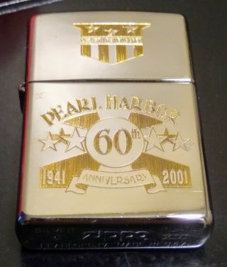 Zippo 60th Anniversary Pearl Harbor 24k Gold Inlay Silver Plate Lighter