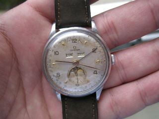 Jumbo Vintage Omega Triple Date Calendar Moonphase Steel Mens Wristwatch 1950 