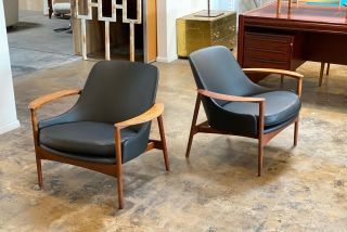 Rare Kofod Larsen For Selig Teak & Leather Lounge Chairs 1950s Mid Century