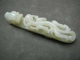 Large finely carved Chinese celadon white jade belt buckle garment hook 19thC 5 