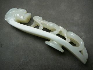Large finely carved Chinese celadon white jade belt buckle garment hook 19thC 5 