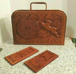 Vtg Mexican Hand Tooled Leather Briefcase Mayan Aztec Calender,  Deer,  2 Wallets