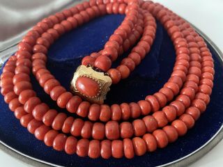 149 - 150 Gram Antique Natural Red Coral Necklace 14k Gold