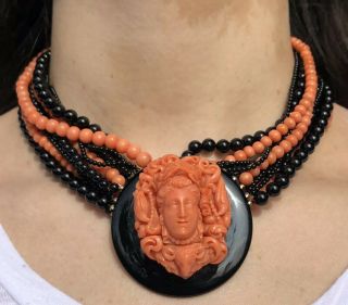 Antique Victorian Etruscan Revival 14k Gold Salmon Coral & Onyx Cameo Necklace