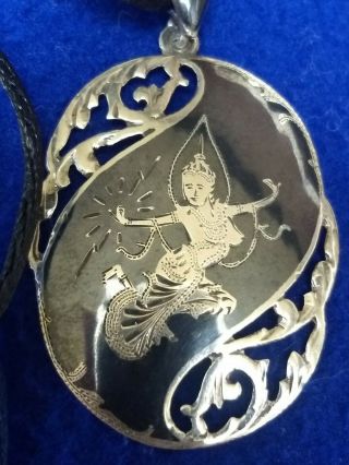 Vintage Siam Sterling Silver Black Enamel Niello Pendant Necklace Thai Dancer