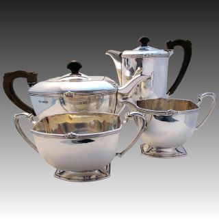 Art Deco 4 - Piece Solid Silver Teaset Coffee Pot Sugar Bowl Milk Jug Tea Service