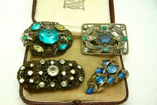 Vintage Jewellery Art Deco Czech Rhinestone Filigree Brooches Pins Clip
