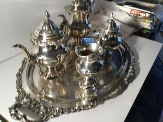 Wallace Grande Baroque 5 piece sterling silver tea set and 1 silver plate tray 2
