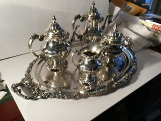 Wallace Grande Baroque 5 piece sterling silver tea set and 1 silver plate tray 3