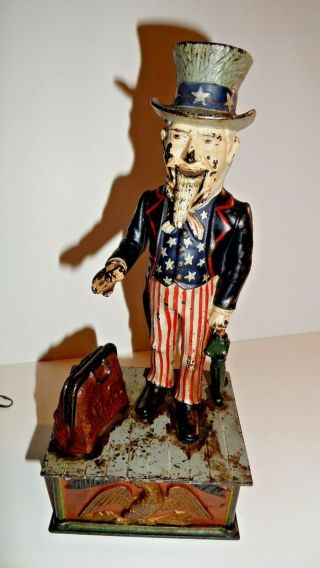 19thc Antique Authentic Uncle Sam American Patriotic Cast Iron Mechanical Bank
