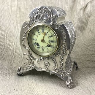 Antique English Silver Mantle Clock William Comyns Art Nouveau Hallmarked 1900