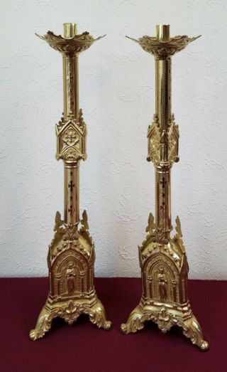 Rare Pair Large 28” Antique Brass Ecclesiastical Gothic Church Altar Candlestick