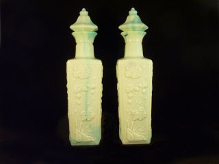 2 Vintage Jim Beam Jade Green Milk Glass Liqueur Decanters