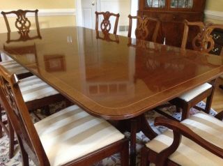 BAKER DINNING ROOM TABLE WITH 8 CHIPPENDALE CHAIRS,  MAHOGANY,  DOUBLE PEDESTAL. 2
