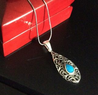 Vintage Sterling Silver 925 Turquoise Pierced Pendant And Necklace Not Scrap