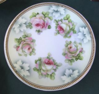 Vintage Pk Silesia Beaded Decorative Plate Pink Antique Roses 8.  5 " Vg,