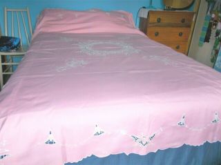 Vtg Pink Embroidered Bed Cover White Cutwork Cotton Tablecloth Bedspread 66x91 "