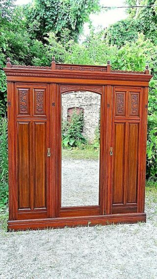 Victorian Antique Eastlake Aesthetic Walnut Triple Door Armoire Wardrobe Cabinet