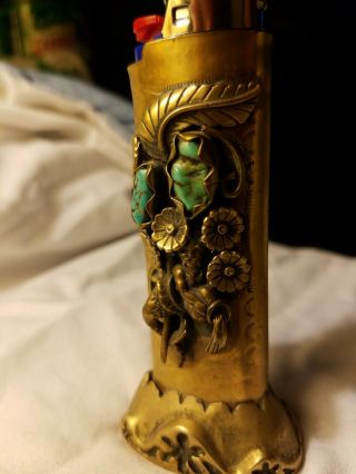 Vtg Native American Turquoise Old Brass Case Cover Table Lighter Holder Fits Bic