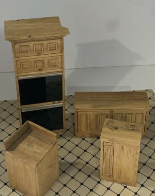 Vtg Dollhouse Miniature 1:12 Oak Wood Kitchen Wall Cabinets With Built In Ovens