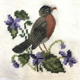 Vintage Completed Needlepoint Petite - Point Canvas Robin Songbird Violet Flowers
